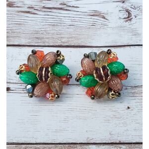Vintage Clip On Earrings Green, Orange, Gold Tone, Red Cluster Stamped Germany